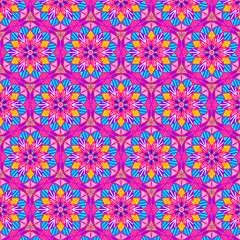 bright decorated pink, yellow and blue floral repeating pattern with dots and stripes. hand decorated design for repeating patterns, ornament, decorative element, textiles and fabric