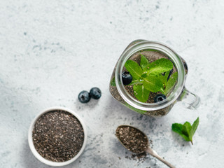 mint and blueberry chia water in mason jar