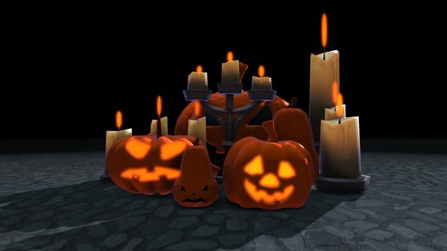 Seamless animation of pumpkins and candles on a black background. Halloween backdrop.