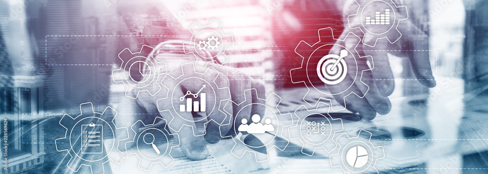 Poster business process automation concept. gears and icons on abstract background.