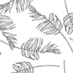 Materiał do szycia Vector vintage botanical seamless pattern with palm leaves in engraving style. Hand drawn texture with tropical plant branches isolated on white. Floral background. Sketch of natural element.