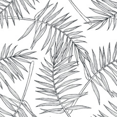Materiał do szycia Vector vintage botanical seamless pattern with palm leaves in engraving style. Hand drawn texture with tropical plant branches isolated on white. Floral background. Sketch of natural element.