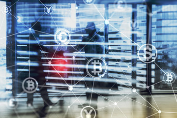 Double exposure Bitcoin and blockchain concept. Digital economy and currency trading.
