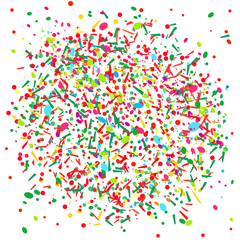 Colored circle pattern with geometric elements on white. Holiday background with confetti. Texture from glitters. Festive frame. Print for banners, posters, t-shirts and textiles. Greeting cards