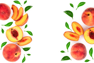 ripe peaches with leaves isolated on white background with copy space for your text. Top view. Flat lay pattern