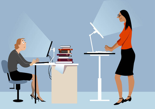 Two Women Working At The Office On The Computers, One Of Them Using A Standing Desk, PS 8 Vector Illustration