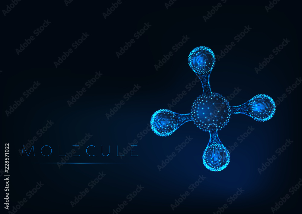 Wall mural abstract glowing molecule with tetrahedral structure model with atoms and bonds.
