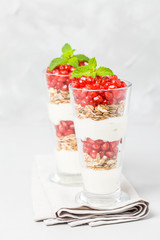 Pomegranate parfait - sweet organic layered dessert with granola flakes, yogurt and red ripe fruit seeds.