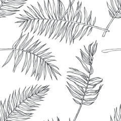 Vector vintage botanical seamless pattern with palm leaves in engraving style. Hand drawn texture with tropical plant branches isolated on white. Floral background. Sketch of natural element.