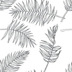 Materiał do szycia Vector vintage botanical seamless pattern with palm leaves in engraving style. Hand drawn texture with tropical plant branches isolated on white. Floral background. Sketch of natural element.