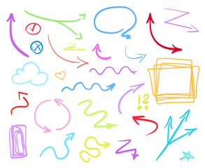 Abstract colored arrows and frameworks. Colorful infographic elements on isolated white. Set of different multicolored signs. Hand drawn simple objects. Right and left direction pointers