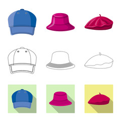 Vector illustration of headgear and cap symbol. Collection of headgear and accessory vector icon for stock.