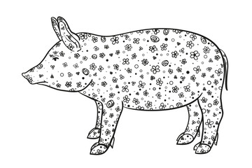 Abstract pig on white. Hand drawn animal with patterns on isolated background. Design for spiritual relaxation for adults. Black and white illustration for coloring. Zen art. Zentangle. Greeting cards