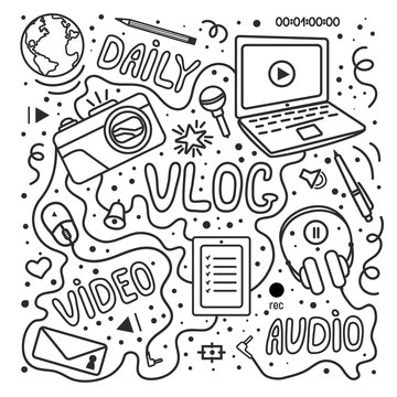 Vlog or video blogging or video channel set with handdrawn elements. Vector illustration made in doodle style, black and white design