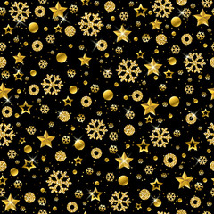 Black Christmas pattern background with golden glittering snowflakes and stars,  vector illustration