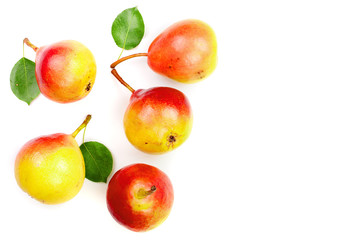 ripe red yellow pear fruits with leaf isolated on white background with copy space for your text. Top view. Flat lay pattern