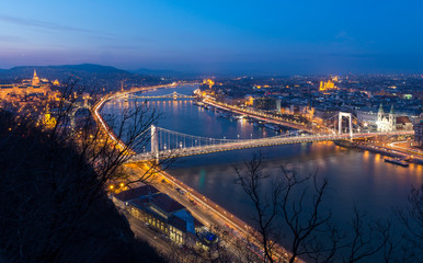 Blue hour view over Danube River with Margaret Bridge and Chain Bridge in Budapest, Hungary