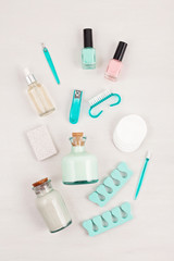 Mockup of beauty cosmetic products for manicure, pedicure, feet and hands care, flat lay, top view.