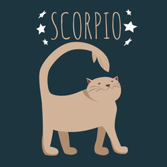 Zodiac sign scorpio; cat cartoon character stylized as zodiac scorpio; vector illustration EPS10