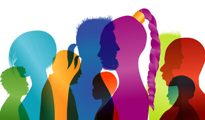 Silhouette profiles of multiracial people. Group of people of different ages and nationalities. Intercontinental dialogue. Multiple exposure vector - obrazy, fototapety, plakaty