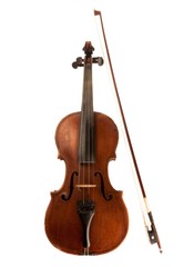 Obraz na płótnie Canvas Front View of a Violin with Bow, Isolated on White