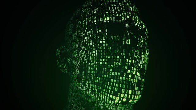 Abstract background with animation human head with surface from flickering binary digits of code. Animation of seamless loop. 