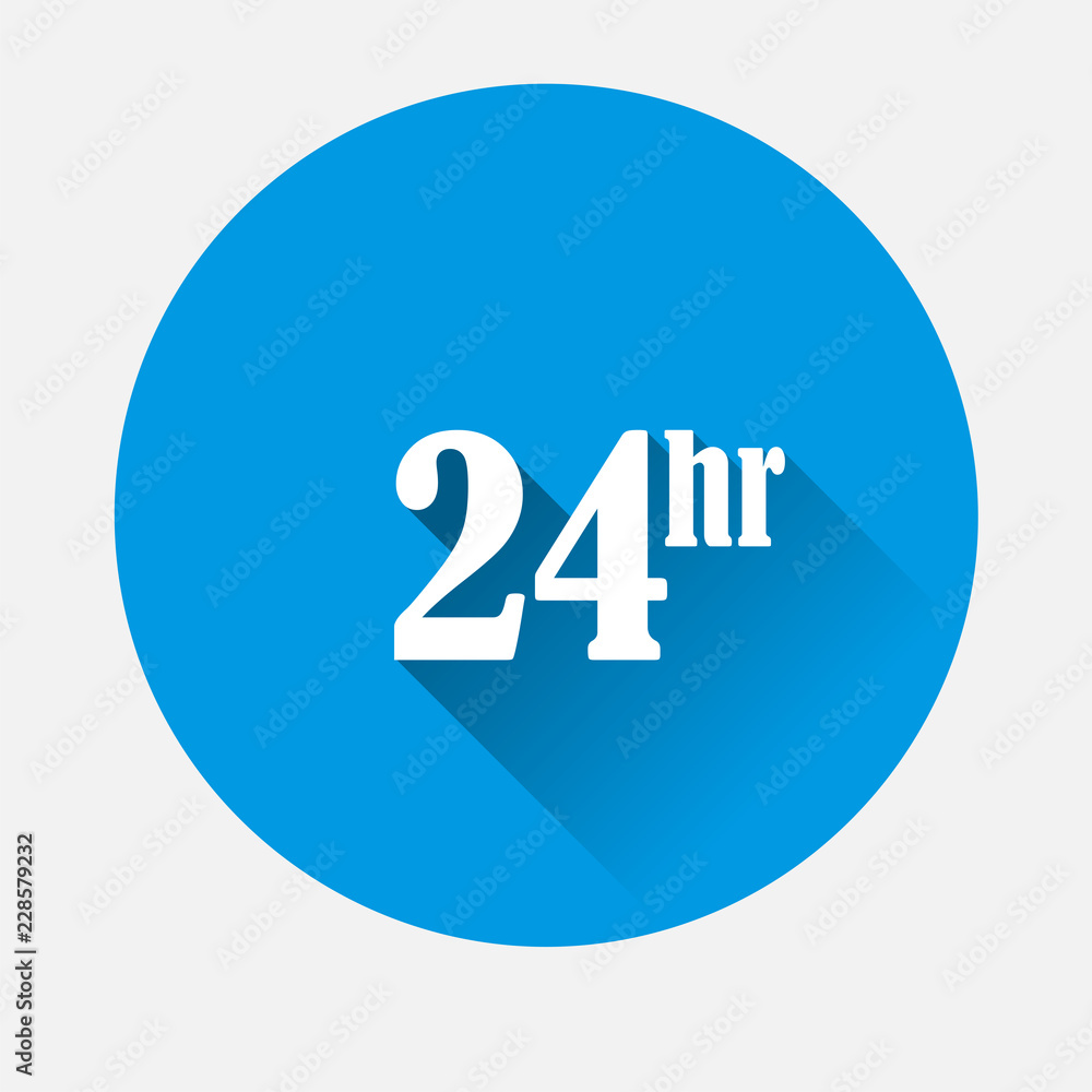 Poster vector 24 hour icon on blue background. flat image time of clock with long shadow. layers grouped fo
