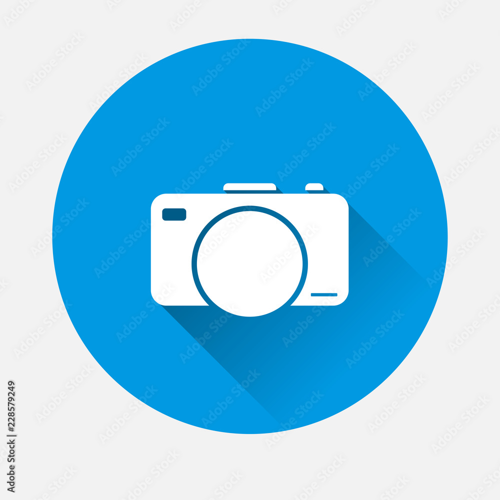 Poster vector digital camera icon on blue background. flat image retro camera with long shadow. layers grou