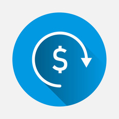 Vector circle with arrow and dollar sign icon on blue background. Flat image Currency exchange symbol with long shadow. Layers grouped for easy editing illustration. For your design.