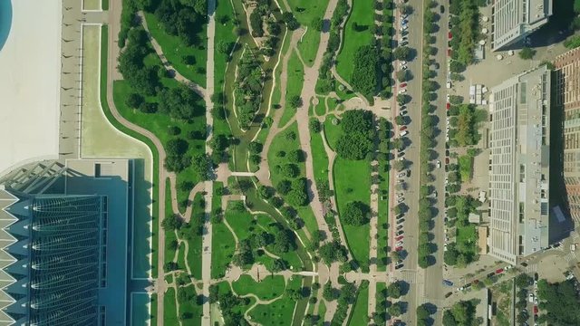Aerial top down shot of a modern city park