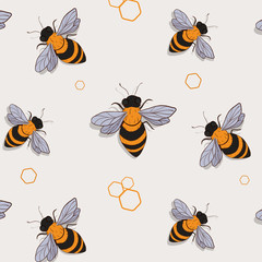 Bee pattern. Funny colorful bees flying. Summer insect print.