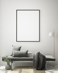 mock up poster frame in modern interior background, living room, Scandinavian style, 3D render, 3D illustration