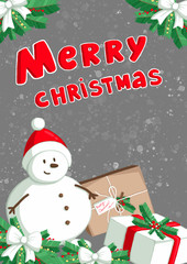 greeting card with christmas. Merry Christmas. happy Holidays. Card with snowman, gift, box, tree, decoration, snow. Red, blue, green, brown, white background. winter card. Use for postcard, banner