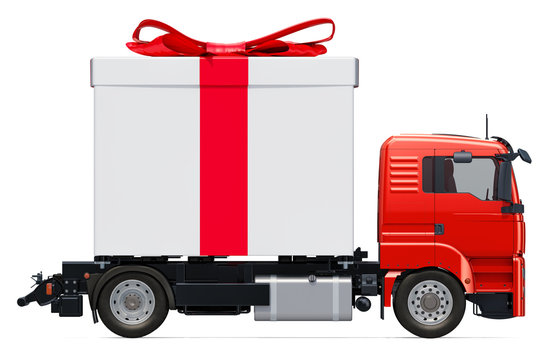Gift delivery concept. Truck with gift box, 3D rendering