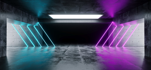 Modern Futuristic Underground Reflective Concrete Garage Empty Room With Purple And Blue Neon Glowing Lights Background 3D Rendering