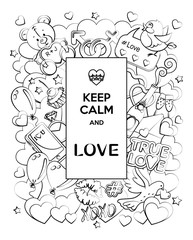 Valentine's Day greeting card with funny cartoon characters. Creative outline design. Doodles style. Vector illustration.