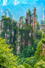 Sandstone mountains viewed from the trail from the 10 Mile Natural Gallery to Tianzi Mountain. Wulingyuan Scenic Area, Zhangjiajie, Hunan, China.