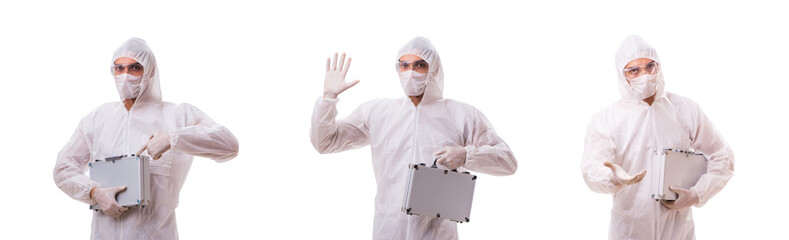 Criminologist in protective suit with steel case