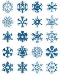 Set of different blue  snowflakes on a white background