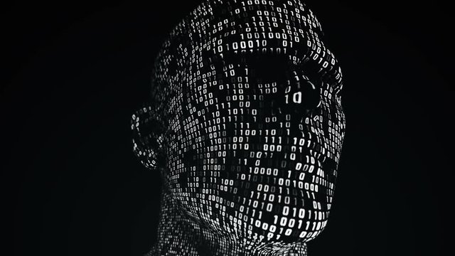 Abstract background with animation human head with surface from flickering binary digits of code. Animation of seamless loop. 