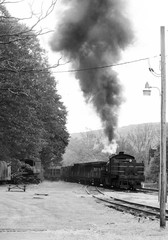 Vertical in black and white of a steam locomotive leaving the station in the train yard