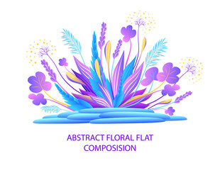 Abstract floral flat composition with plants and  stones in lilac blue on white  or  ikebana  for greeting  card or for wallpaper or for banner  flyer book covers or website 