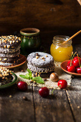 different types Brownie Cookies and table setting Sweet biscuits in dark. Homemade pastry 