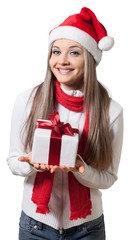 Smiling Woman with Santa Hat Holding a Present - Isolated