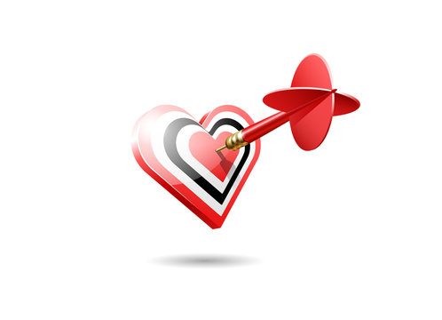 The realistic red dart hits the center of a heart target. Good for Valentine's day greeting card.
