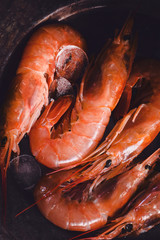 Fresh shrimps in a dish with ice and lemons on the dark plate. Fresh seafood