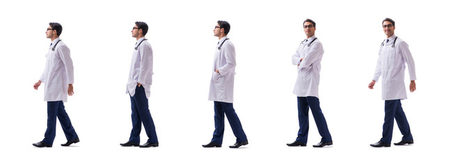 Young doctor physician standing walking isolated on white backgr