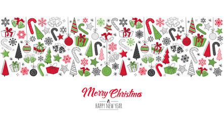 Greeting card Merry Christmas background. Vector illustration with Christmas elements snowflakes, trees, stars, Candy Cane, gifts. 
