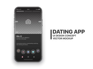 Mobile Dating App Tinder UI and UX Alternative Trendy Concept Vector Mockup in Black Color Theme on Frameless Smart Phone Screen Isolated on White Background. Social Network Tinder Design Template