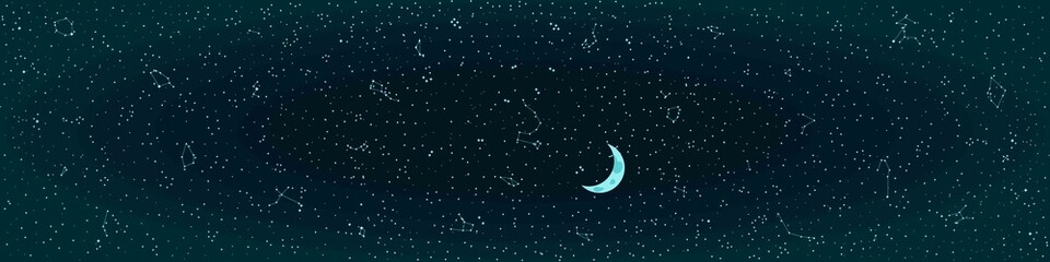 Fototapeta na wymiar Abstract Panoramic Sky Map of Hemisphere. Constellations on Night Dark Background with Moon. Raster Illustration